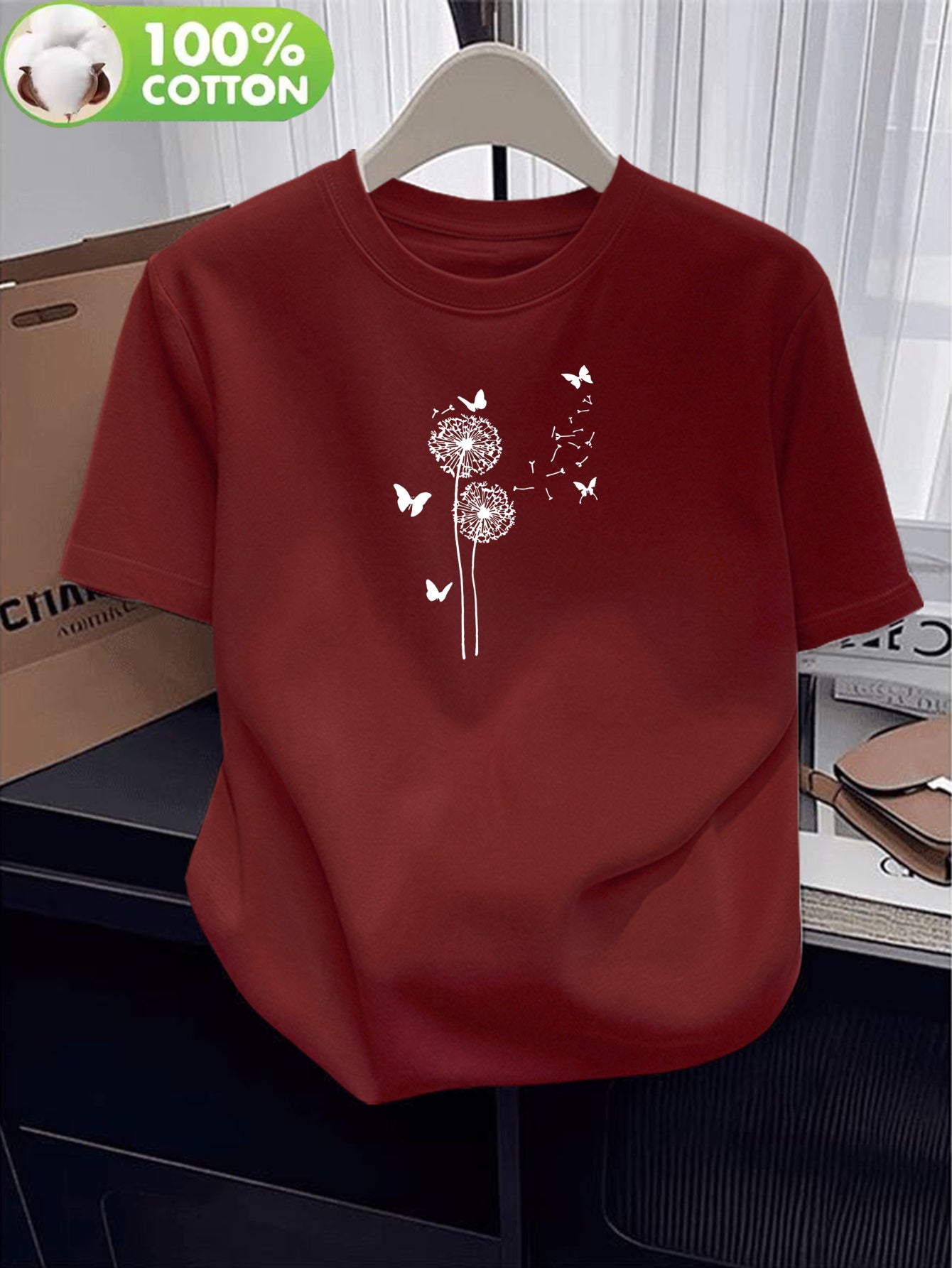 Women’s Cotton Casual T-Shirt with Dandelion & Butterfly Print