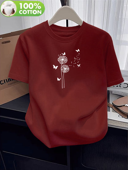 Women’s Cotton Casual T-Shirt with Dandelion & Butterfly Print