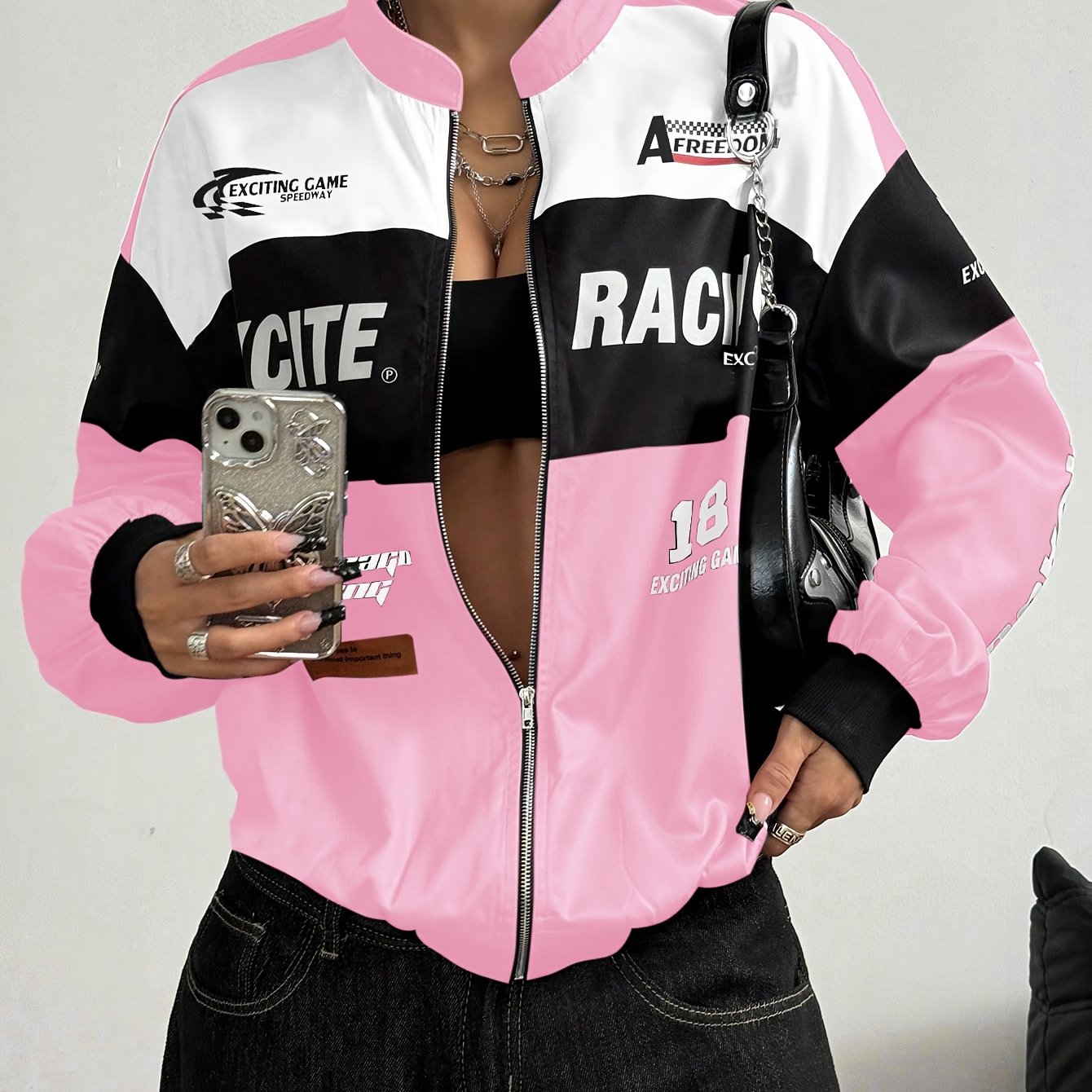 Women'S Elegant Streetwear Jacket - & Color Block Coat with Stand Collar, Loose Fit Long Sleeve Outerwear for Everyday & Formal Outfits - Spring/Fall, Spring Outerwear, Spring Fashion, Stylish Coat, Trendy Coat, Fashion Lover