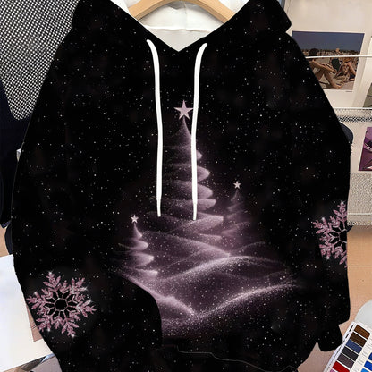 Women's Sparkling Glitter Christmas Tree & Snowflake Print Hooded Sweatshirt - Winter Snowflake Pattern Pullover Sweater with Drawstring Hood, 100% Polyester Machine Washable Cozy Casual Sweater for Xmas Parties & Cold Weathe