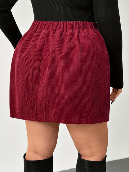 Plus Size, Burgundy All-Season A-Line Skirt with Double Pockets - Elegant Short to Midi Length, Pocketed Waist for Casual, Office & Vacation Wear - Plus Size Friendly Tailored Fit (No-Stretch Fabric)