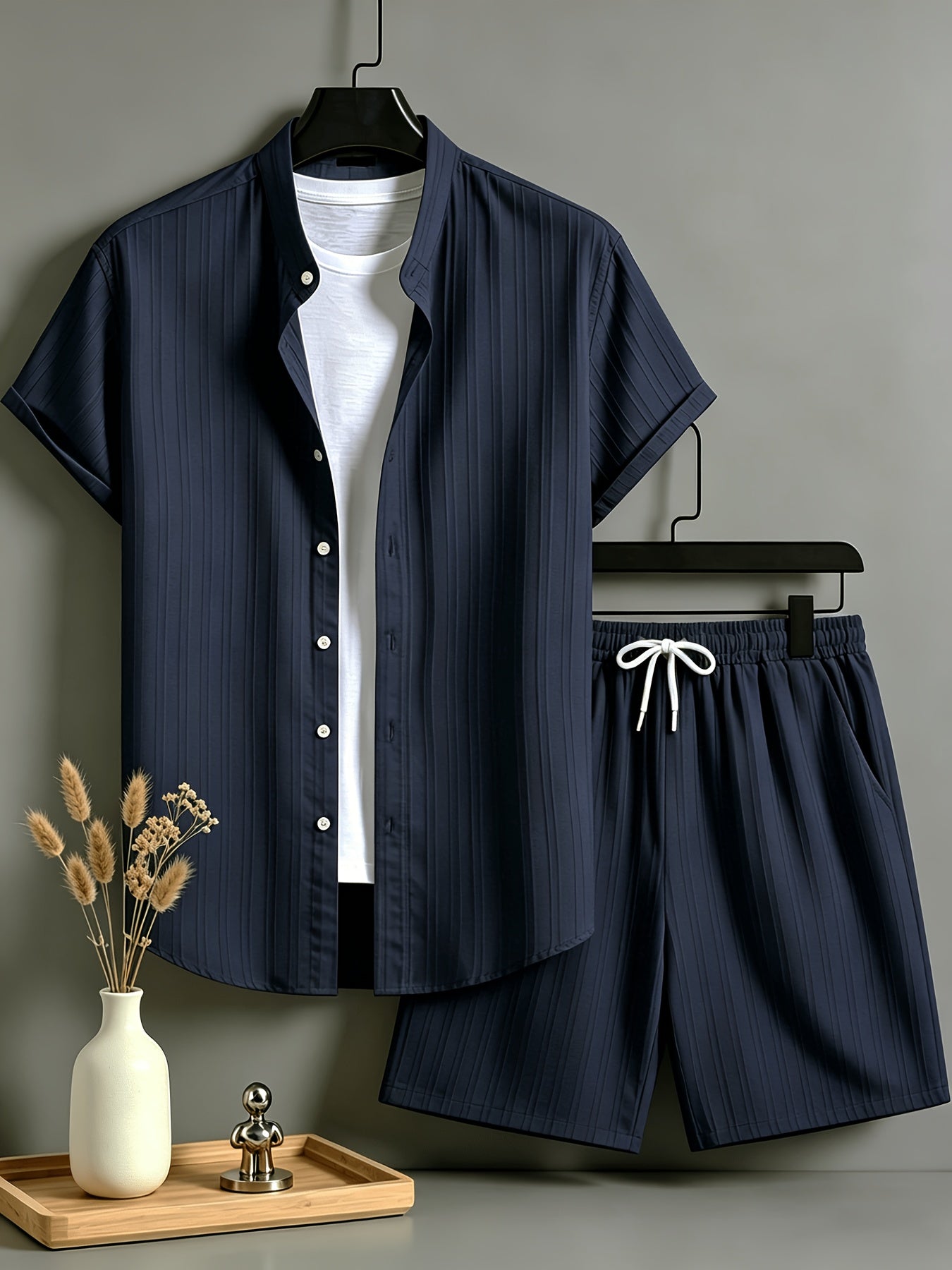 Men's Casual Short Sleeve Shirt and Drawstring Shorts Set