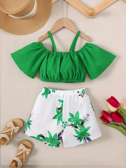 Girls' Shorts Set Two-piece Set Summer Casual Vacation Style Romantic Floral Print Shorts Set Girls' Summer Cool Off-the-Shoulder Strap Top + White Print Shorts Two-piece Set