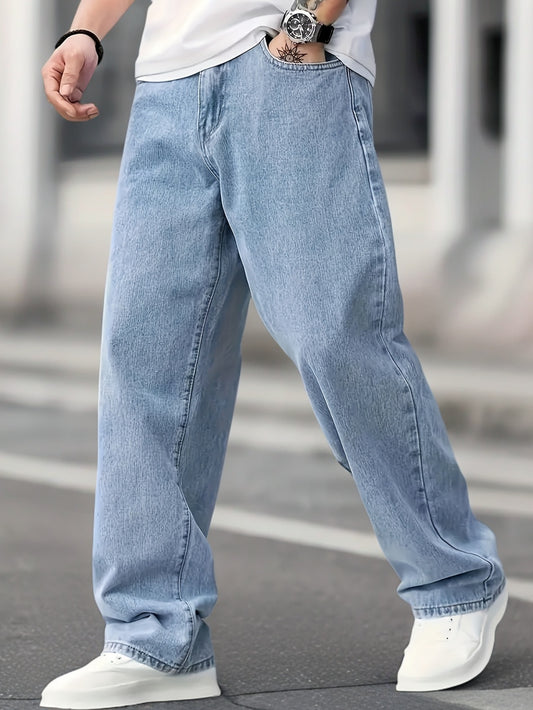 Men'S Casual Loose Fit Denim Jeans, 65% Cotton 35% Polyester, All-Season Solid Color Washed Fabric, Non-Stretch Woven Regular Length Pants