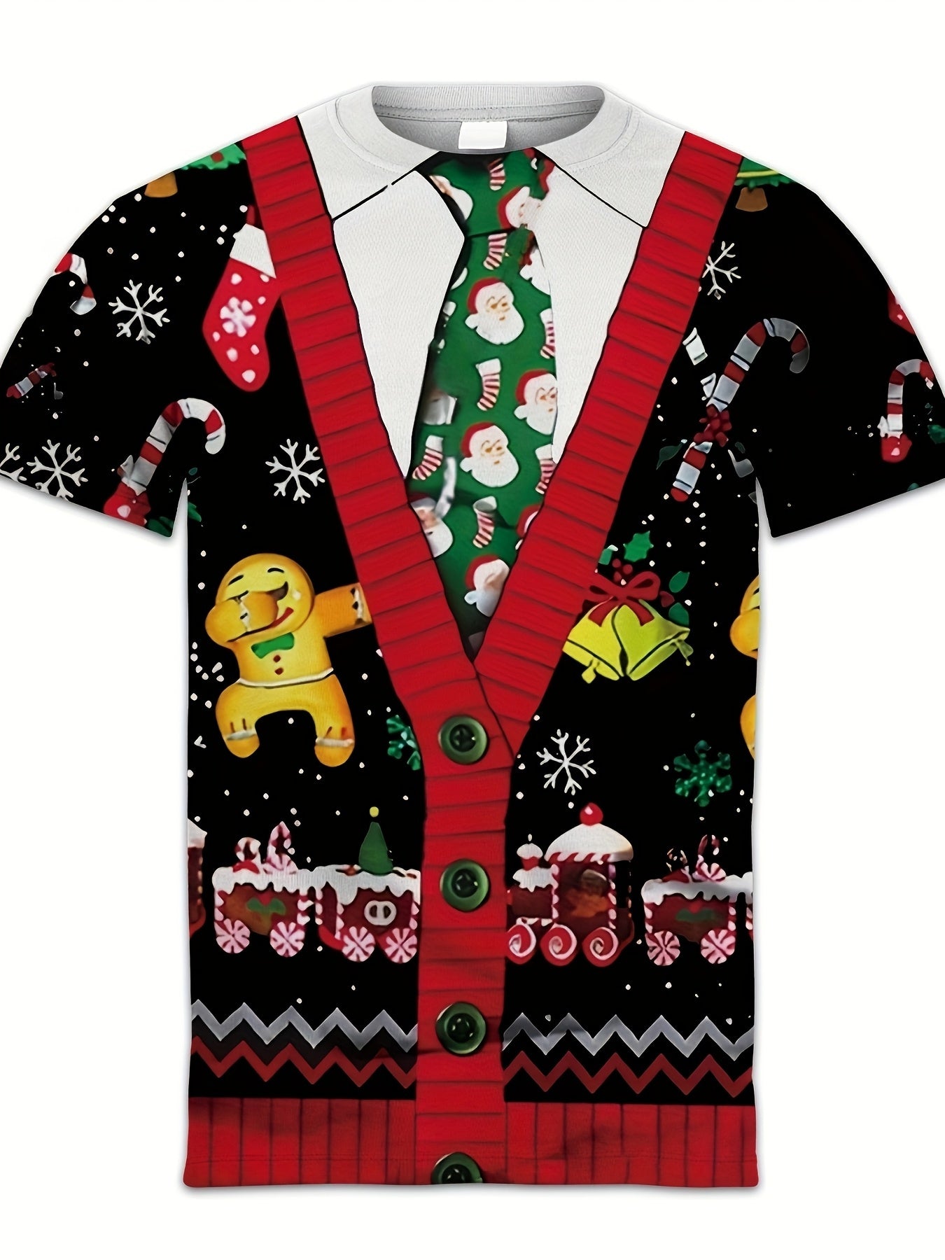 Men's Large 3D Christmas Sweater T-Shirt - Short Sleeve Round Neck with Santa, Snowman, Gingerbread & Candy Cane Print - Ugly Sweater Party Outfit, Holiday Celebration Costume (Vibrant Colors, Machine Washable), PLUS SIZE