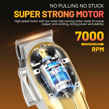 One Piece of a Golden Electric Hair Clipper for Men, Featuring a Professional-Grade Design with an Adjustable Serrated Blade, Four Comb Attachments of Varying Sizes, USB Charging Capability - ayq