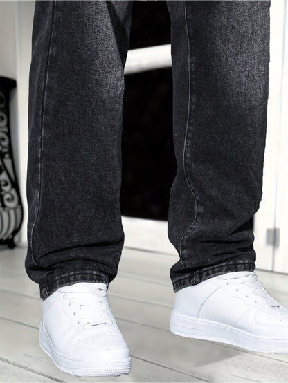 1pc Men'S Classic Solid Color Washed Denim Jeans, Non-Stretch Regular Fit Work Style, All-Season Woven Fabric, Regular Length - Adult Casual Pants