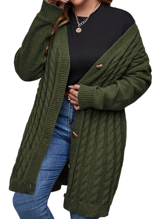 Women's Casual Long Knit Cardigan - Cozy Drop Shoulder, Thick Cable Knit Sweater with Buttons, V-Neck, Olive Green, Fall/Winter Fashion Outerwear, Cozy Autumn Apparel | Buttonfront Cardigan | Stylish Casualwear