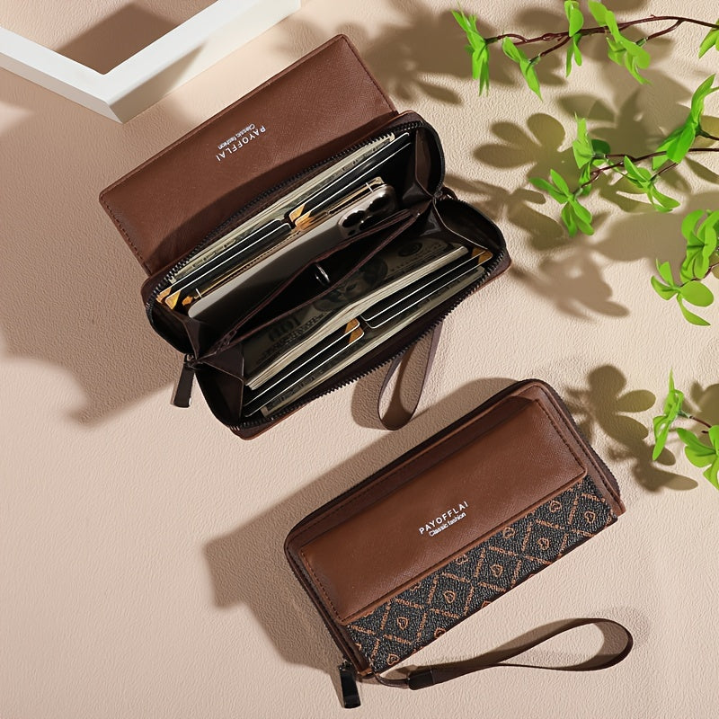 Classic PU Women'S Wallet, Long, Color-Block, Double-Layer Design, Zipper Closure, Zip Pocket, Photo Separation Layer, Nylon Lining, Continental Form Factor, with Positioning Printing for Women