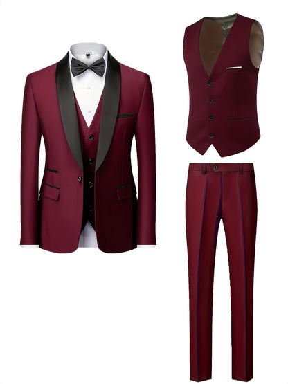 Men's Slim Fit 3-Piece Business Suit Set with Vest & Trousers