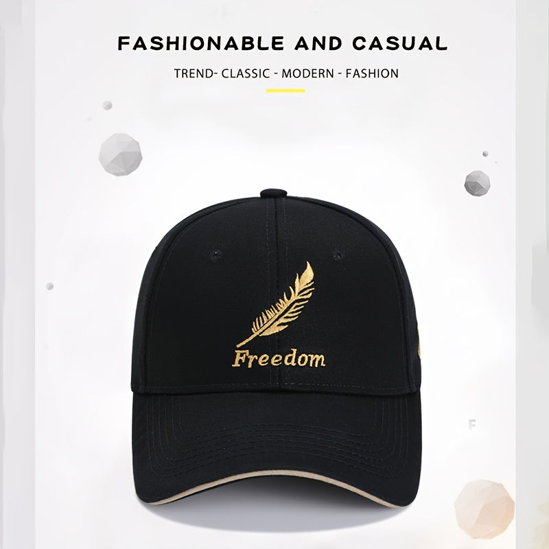 Men's Adjustable Baseball Cap with Feather & Freedom Embroidery - All-Season, Sun Protection, Black Washed Polyester, Sun Visor, Outdoor Sports, Perfect Choice