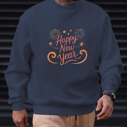 Men'S Happy New Year Sweatshirt - Light Grey with Orange Lettering - Regular Fit Crewneck Pullover for New Year'S Eve, NYE Parties & Casual Attire - Non-Permanent Celebration Sweater for Everyday & Special Occasions, New Year