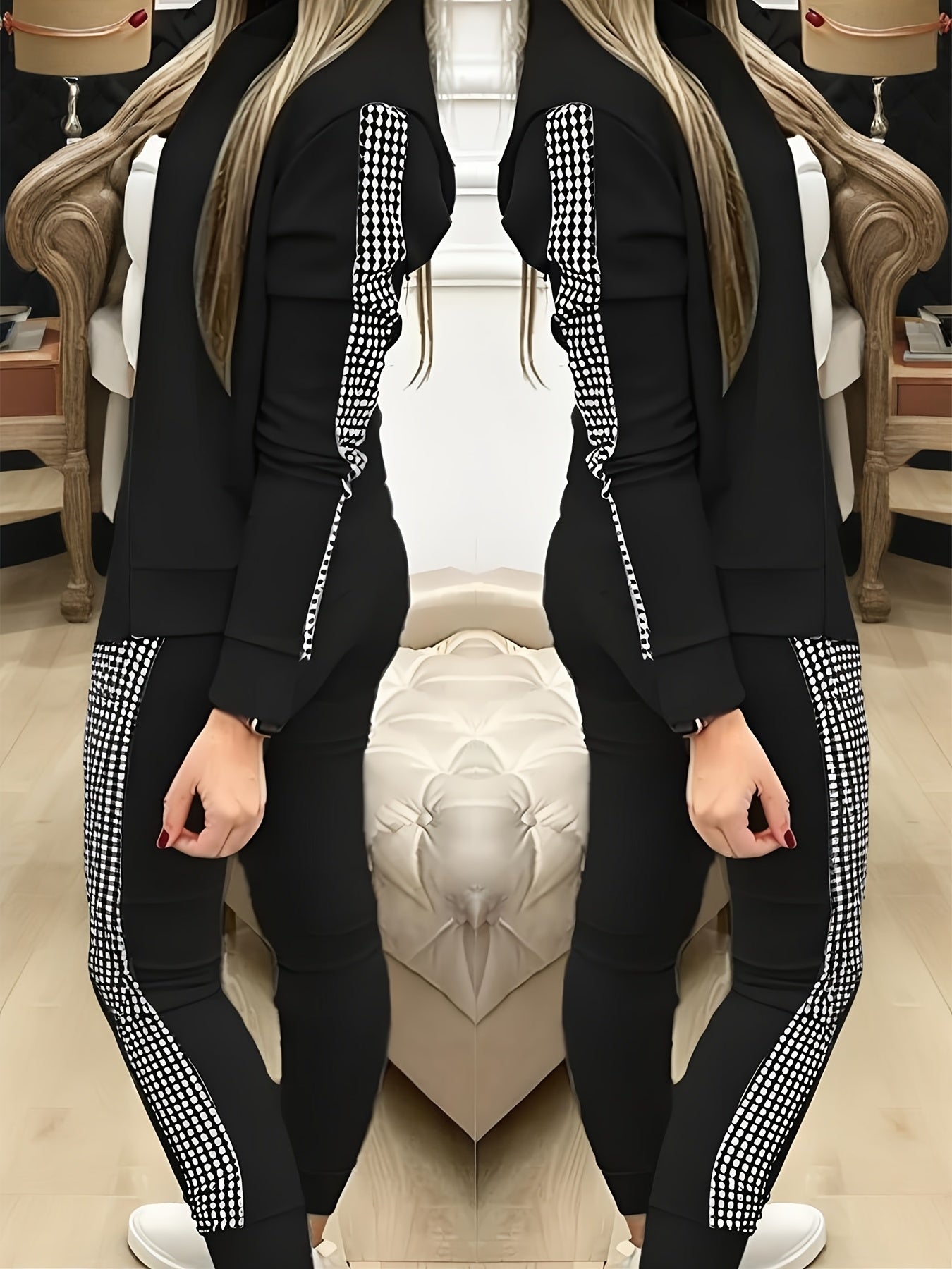 Two-Piece Outfit for Women Featuring a Geometric Design, Long-Sleeve Zip-Up Jacket, And Pants with Symmetrical Pockets - ayq