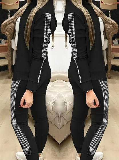 Two-Piece Outfit for Women Featuring a Geometric Design, Long-Sleeve Zip-Up Jacket, And Pants with Symmetrical Pockets - ayq
