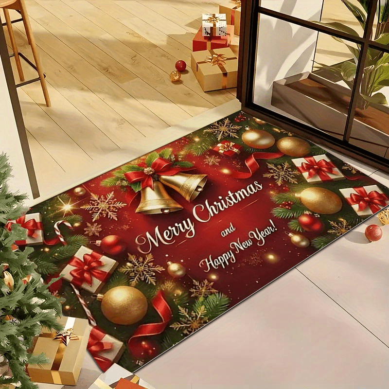 1pc Christmas & New Year Welcome Mat with Merry Christmas & Happy New Year Greeting, Red/Golden/Green Holiday Design, Non-Slip Backing, Heavy-Duty 600g/m² Polyester, Machine Washable Indoor/Outdoor Door Mat with Pine Branche