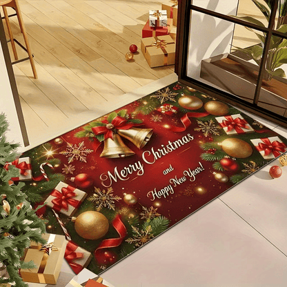 1pc Christmas & New Year Welcome Mat with Merry Christmas & Happy New Year Greeting, Red/Golden/Green Holiday Design, Non-Slip Backing, Heavy-Duty 600g/m² Polyester, Machine Washable Indoor/Outdoor Door Mat with Pine Branche