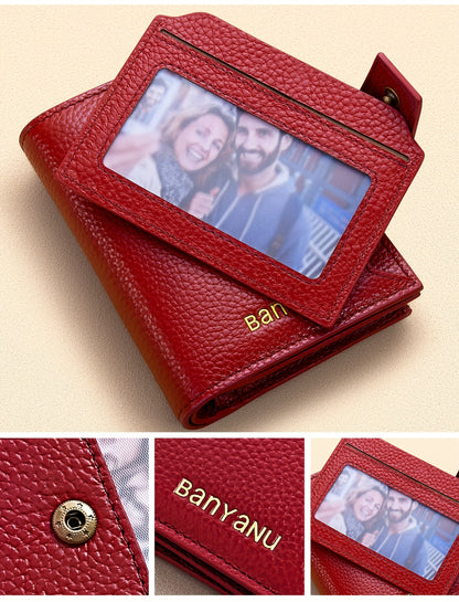 BANYANU Women'S Genuine Faux Leather Wallet - Red Lychee Grain Texture, Multi-Card Slots, Zippered Coin Pocket, Detachable ID Window, Compact Design for Everyday Use, Secure Coin Storage | Stylish Wallet | Synthetic