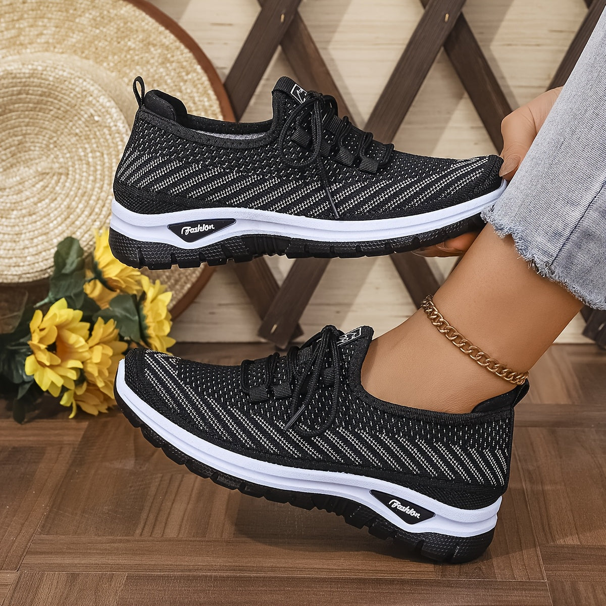 Women'S Knit Casual Sneakers - Stylish Striped Weave Pattern, Breathable Non-Slip Comfort Shoes with Rubber Sole for Outdoor Wear