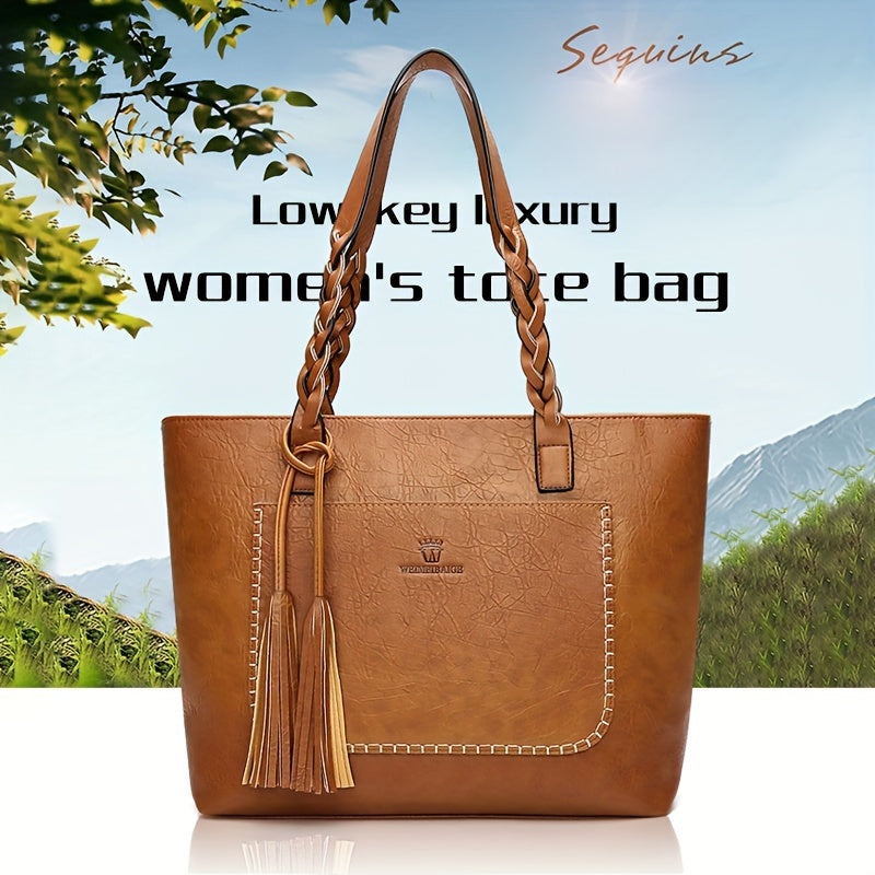 Elegant Large-Capacity Women’s PU Tote Bag with Tassel