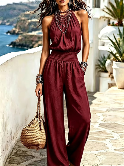 Women's Bohemian Backless Sleeveless Wide-Leg Jumpsuit
