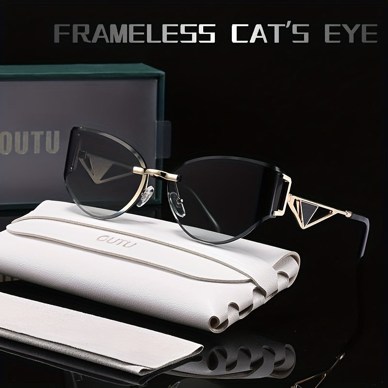 Cat-Eye Rimless Women's Glasses with Hollow-Out Metal Temples