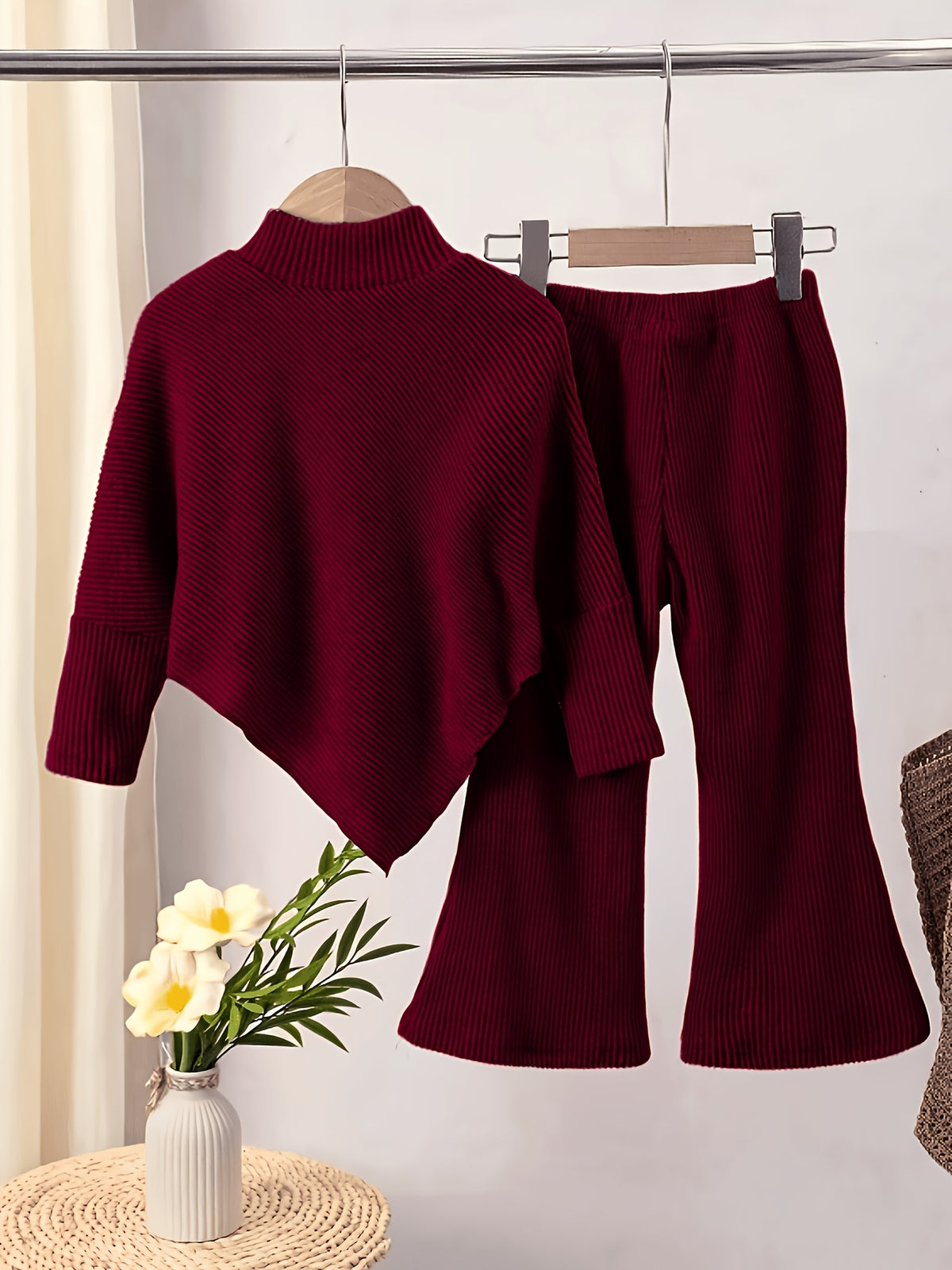 Girls' Fall/Winter Ribbed Pullover & Flared Pants Set - ayq