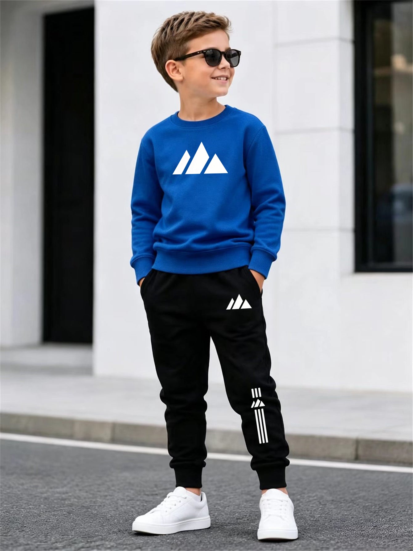Boys' Mountain Peak Print Hoodie and Pants Set, Soft Polyester