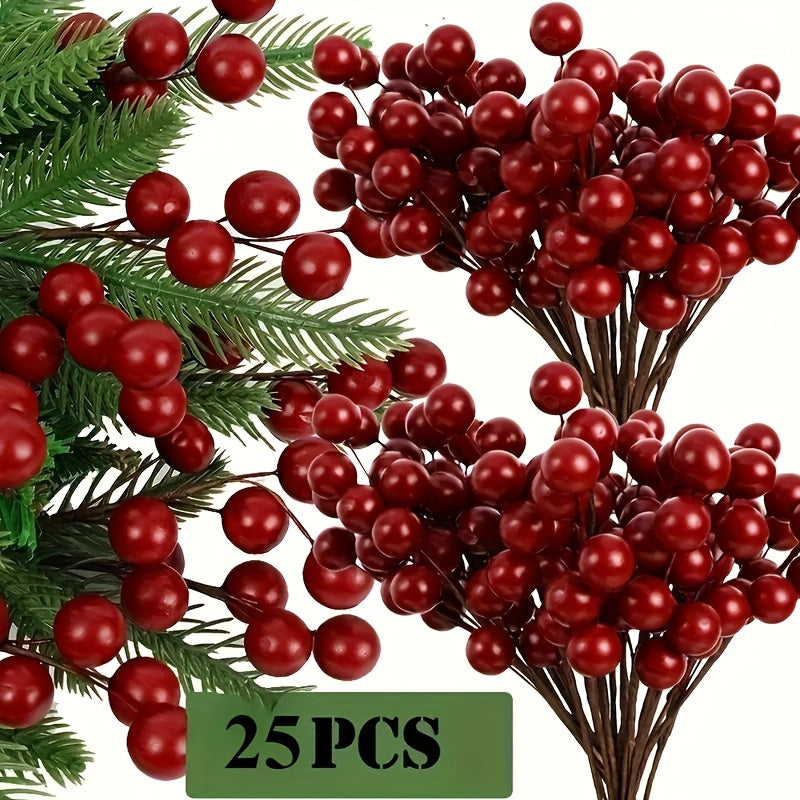 25pcs Artificial Holly Berries for Souvenir Display, 25 Mini Fake Fruit Strands for Christmas Tree Wreath DIY Crafts, New Year Use, Christmas Decorations, Faux Plants, Christmas Gift Decor Accessories, Seasonal Embellishments