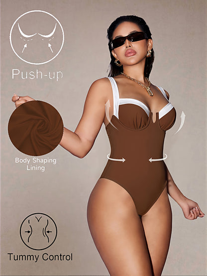 Women’s Color-Block Padded One-Piece Swimsuit for Beach