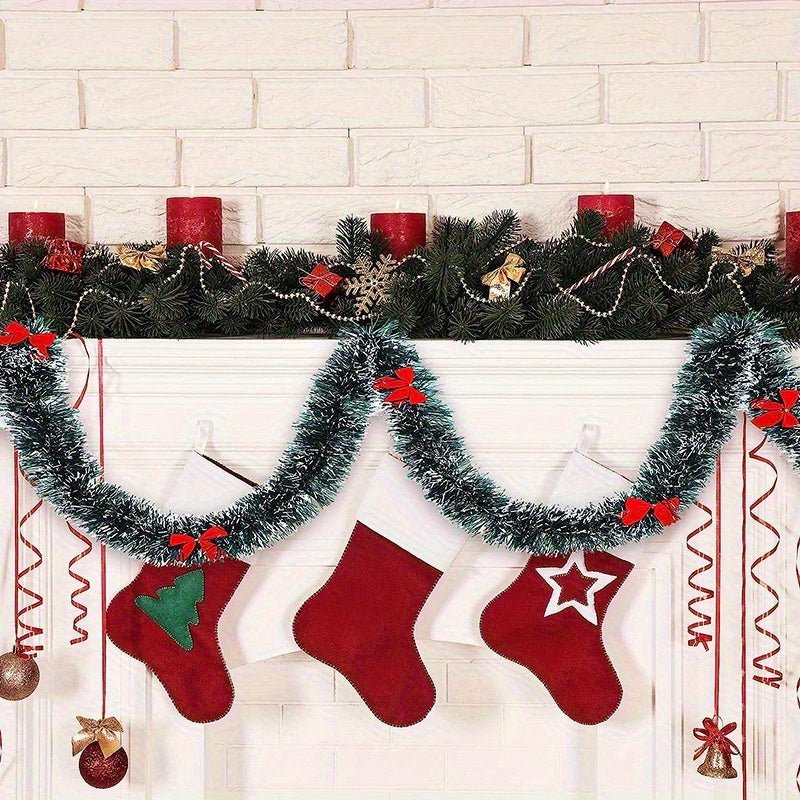 Extra Long 78.74in/200cm Garland - Heavy-Duty PET (Polyethylene Terephthalate) Christmas Garland with Elegant Deep Green, Red Bows & Black Beads - Indoor/Outdoor Hanging Decoration for Stairs, Banisters, Doors, Walls - Weddin