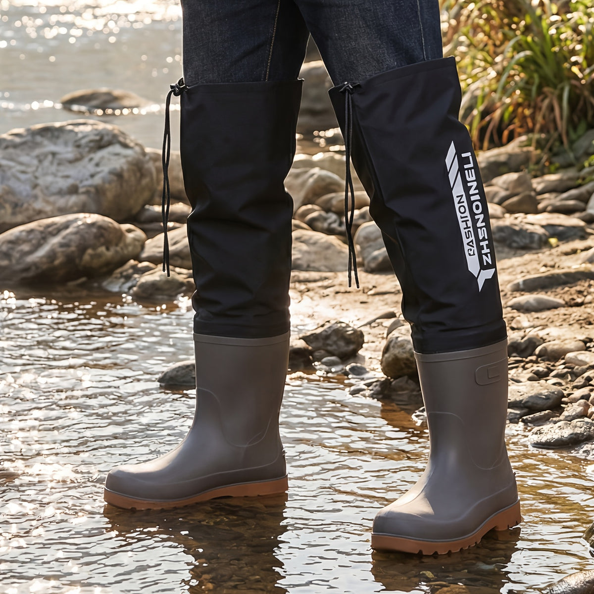 Men's Over-the-Knee PVC Rain Boots with Drawstring Cuff