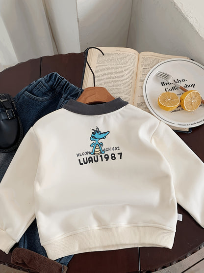 Boys' Soft Fleece-Lined Shirt - Casual, Stylish White with Black Collar and Cartoon Letter Print, Long Sleeve, Cotton Blend for Fall/Winter