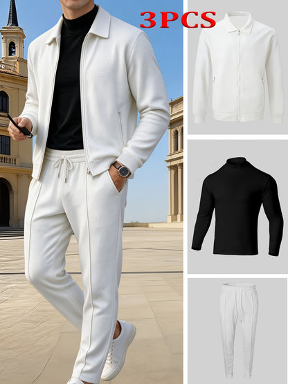 Men's Casual 3-Piece Knit Set with Zipper Jacket & Drawstring Pants