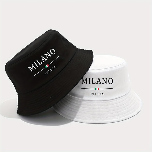 1 հատ MILANO ITALY տպագիր դույլ գլխարկ - թեթև, շնչող արևապաշտպան գլխարկ՝ իտալական դրոշի նախշով, ծալովի ձկնորսական գլխարկ տղամարդկանց և կանանց համար, բացօթյա սպորտային ճանապարհորդություններ, գարուն-ամառ (սև/սպիտակ), արձակուրդային գլխարկներ