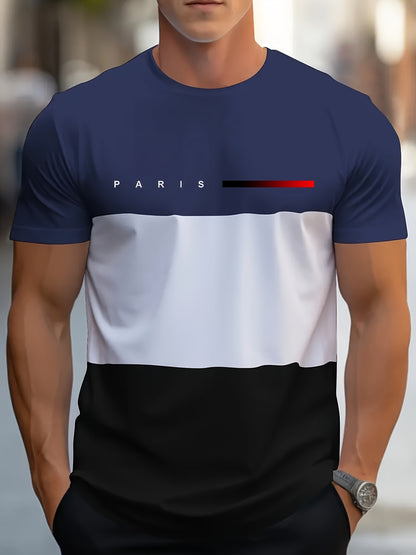 Men's Casual Crew Neck T-Shirt with Paris Print, Short Sleeve Knit Polyester Blend Top for Spring/Summer Outdoor Activities, Tee Shirts