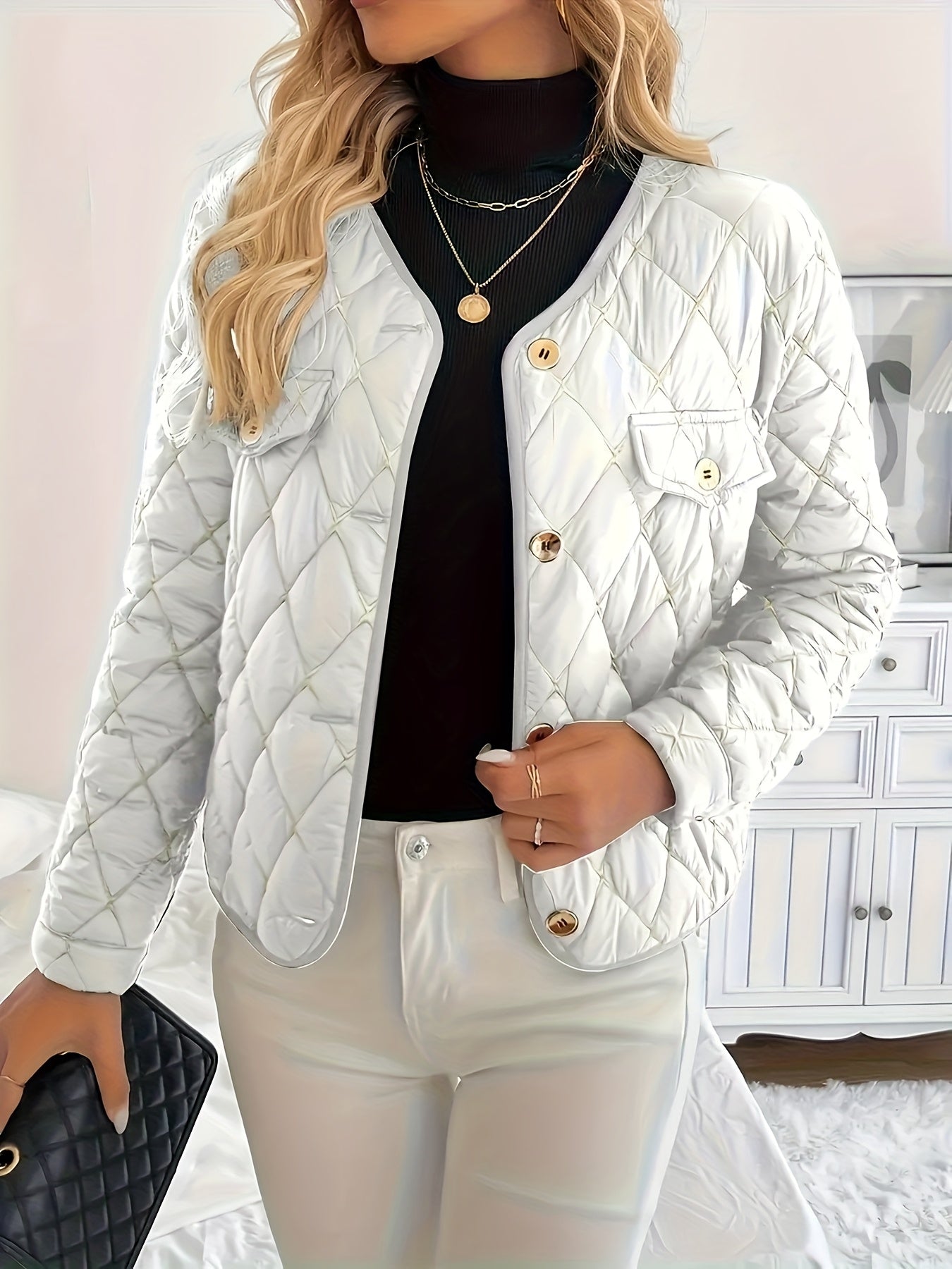 Women'S Quilted Jacket with Golden Buttons - Stylish White Long Sleeve Coat, Casual Fit, Faux Pockets, Perfect for Casual Attire, Casual Wear Jacket | Quilted Jacket | Buttoned Jacket