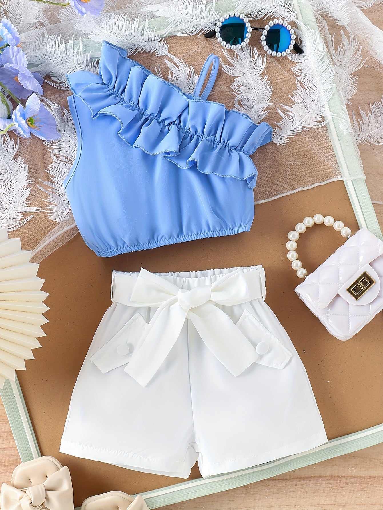 2pcs Set for Little Girls: Fashionable Shoulder Bag with Lace Trim + Shorts