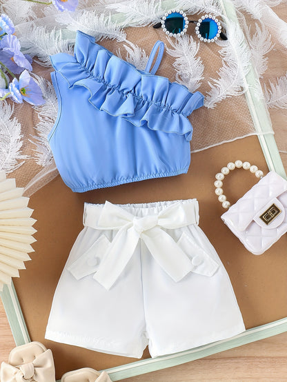 2pcs Set for Little Girls: Fashionable Shoulder Bag with Lace Trim + Shorts