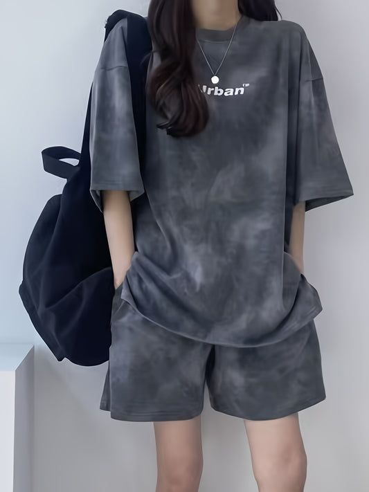Women's Fashionable Tie-Dye Letter Print Comfortable Casual Loose Short Sleeve Top & Side Pocket Shorts Set - Summer Sporty Outfit in Gray, Polyester/Spandex Blend