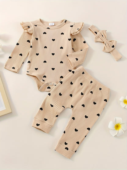 3pcs Baby Girl Outfit Set, Cute Ribbed Ruffle Long Sleeve Romper & Pants, 95% Cotton 5% Spandex, Crew Neck Pullovers, Solid Color, Regular Fit, No Belt, Fall/Winter Knit Fabric, 0-18 Months, for Outdoor