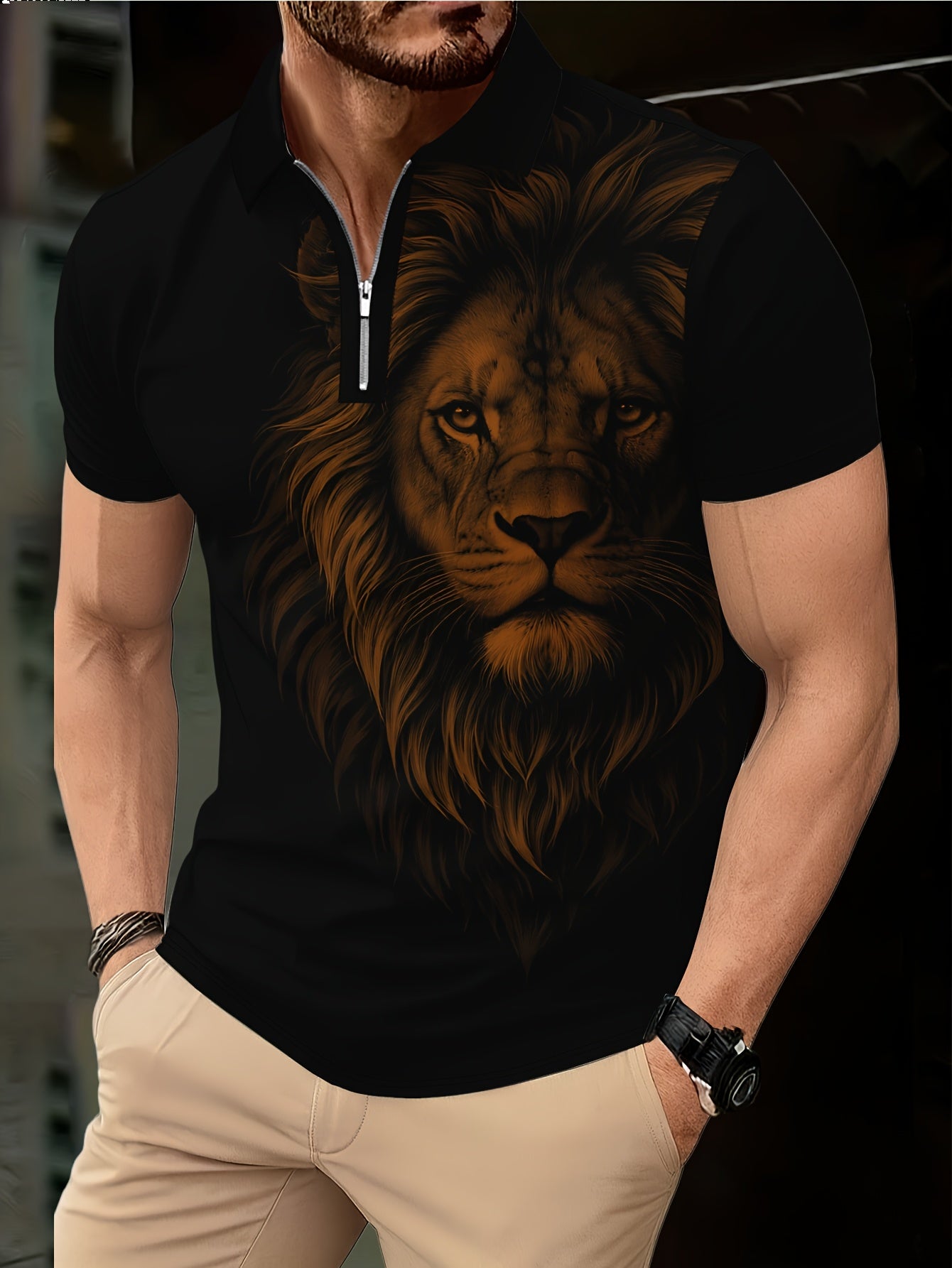 Men's Zip Shirt Short Sleeve Summer Trendy Lion Print Collar T-Shirt Business Casual Slim Fit Men's Top Women's Clothing - ayq