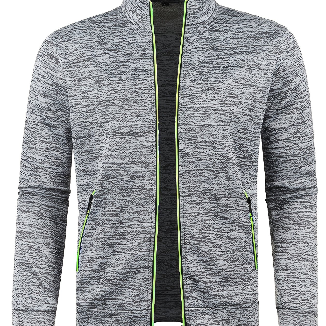 Men's Stand Collar Jacket - Full-Zip Casual Athletic Coat, Light Grey with Lime Accents, Zippered Front Closure for Gym, Office, Everyday - Machine Washable Outerwear, Gym Wear, Sporty Design, Smooth Texture, Lightweight Coat