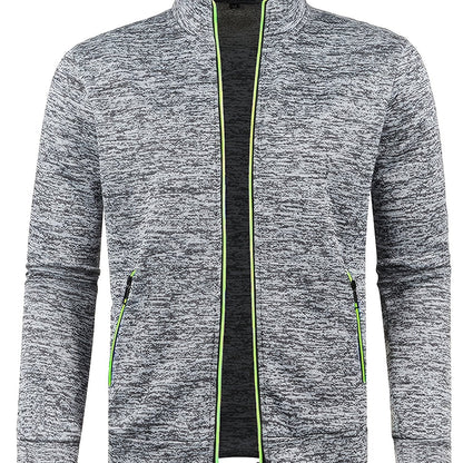 Men's Stand Collar Jacket - Full-Zip Casual Athletic Coat, Light Grey with Lime Accents, Zippered Front Closure for Gym, Office, Everyday - Machine Washable Outerwear, Gym Wear, Sporty Design, Smooth Texture, Lightweight Coat