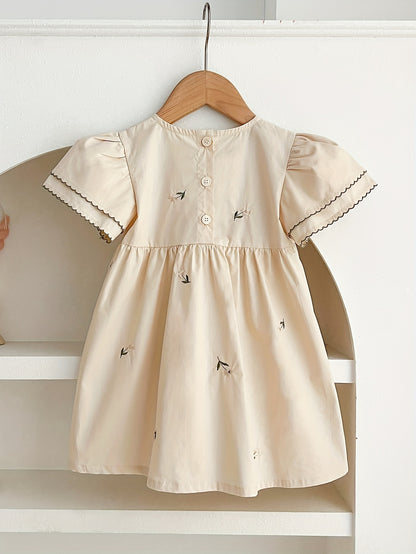 Girls' Summer Vintage Floral Embroidered Cotton Dress