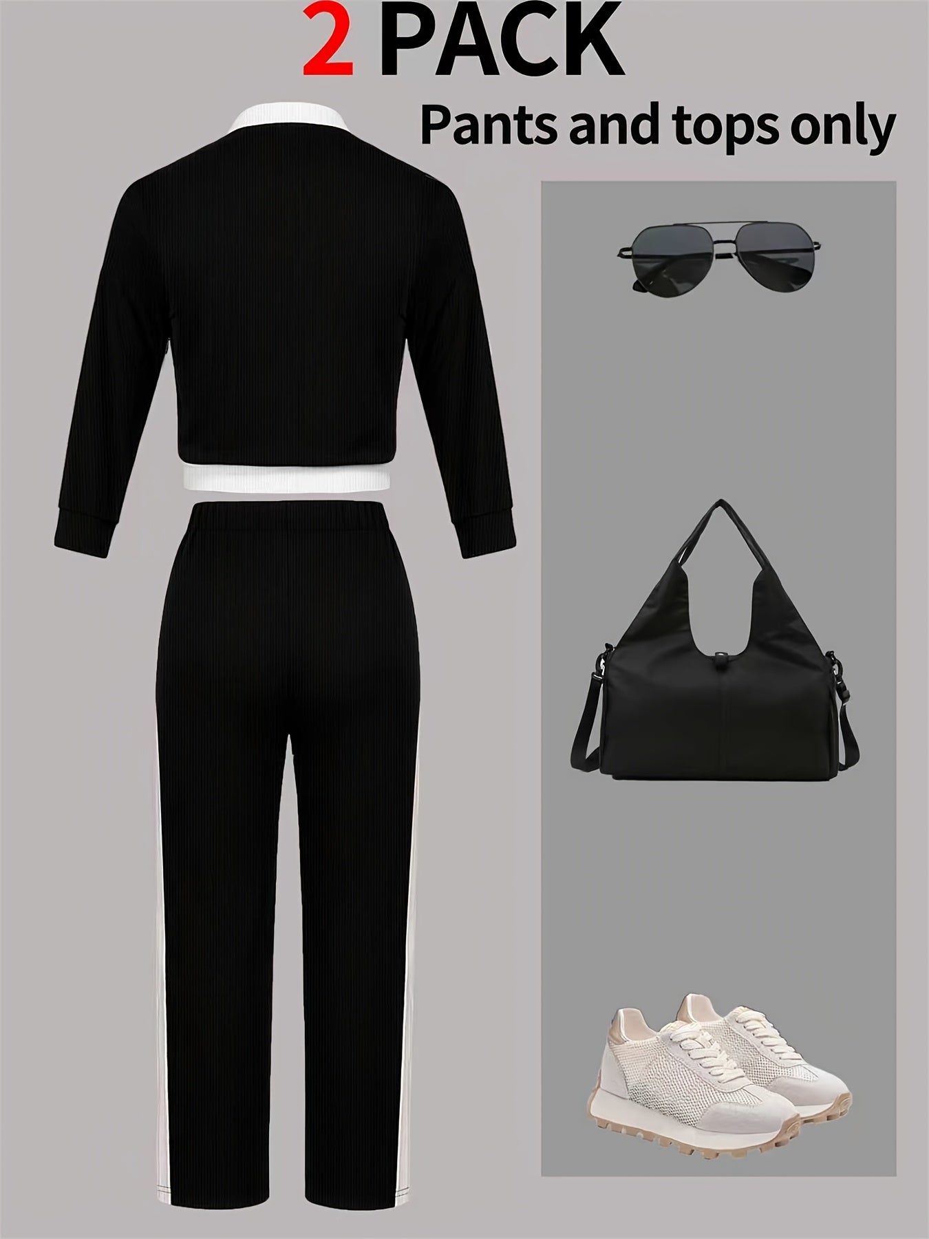 Autumn And Winter Women'S Outfit - Stylish Color-Blocked Fitted Long-Sleeve Top with a Round Neck And Versatile High-Waisted Comfortable Straight-Leg Pants
