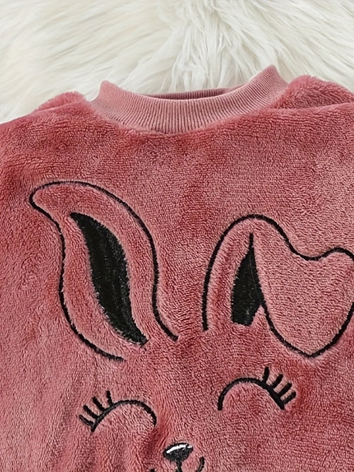Adorable Cartoon Rabbit Embroidered Two-Piece Set for Youngsters - Soft Coral Fleece Outfit with Matching Pants, Perfect for Fall/Winter Casual Wear, Youngsters'S Playwear|Playful Design|Stretchy Fabric, Youngsters Girl Cloth