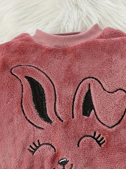 Adorable Cartoon Rabbit Embroidered Two-Piece Set for Youngsters - Soft Coral Fleece Outfit with Matching Pants, Perfect for Fall/Winter Casual Wear, Youngsters'S Playwear|Playful Design|Stretchy Fabric, Youngsters Girl Cloth