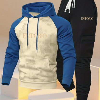 New Trendy Fashion Raglan Sleeve Colorblock Hoodie and Loose Cuffed Drawstring Cargo Pants with Multiple Pockets, Casual Daily Comfortable Versatile Breathable Hooded Sweatshirt and Loose Long Pants 2pcs Set with Stylish Prin
