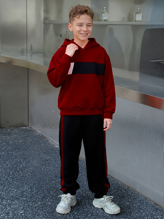 2 հատ տղաների ձմեռային գլխարկով մարզահագուստ և տաբատ - տաք սվիտեր համապատասխան երկար տաբատով, գունային բլոկներով վերնաշապիկ (հարմար է մեծ երեխաների և երեխաների համար) - լվացքի մեքենայով լվացվող 2 հատի հավաքածու, իդեալական է բացօթյա օգտագործման համար