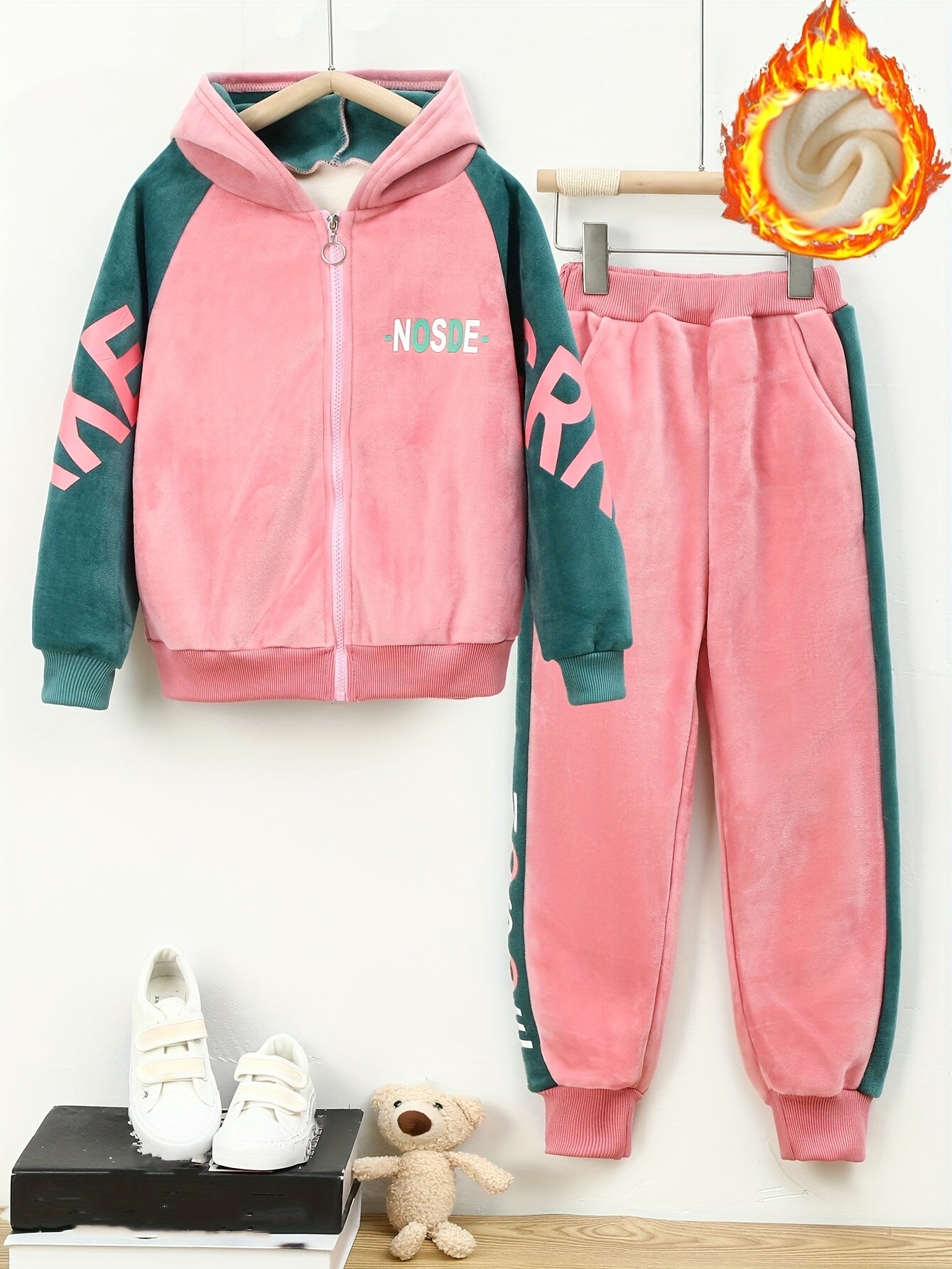 Girls' Thickened Fleece-Lined Hooded Zip-Up Jacket & Jogger Pants Set - Cozy Two-Piece Outfit with "NUS" Letter Print, Long Sleeves, and Drawstring Waist, for Outdoor, And Casual Wear, Winter Clothing, Playful Design, Soft Fa